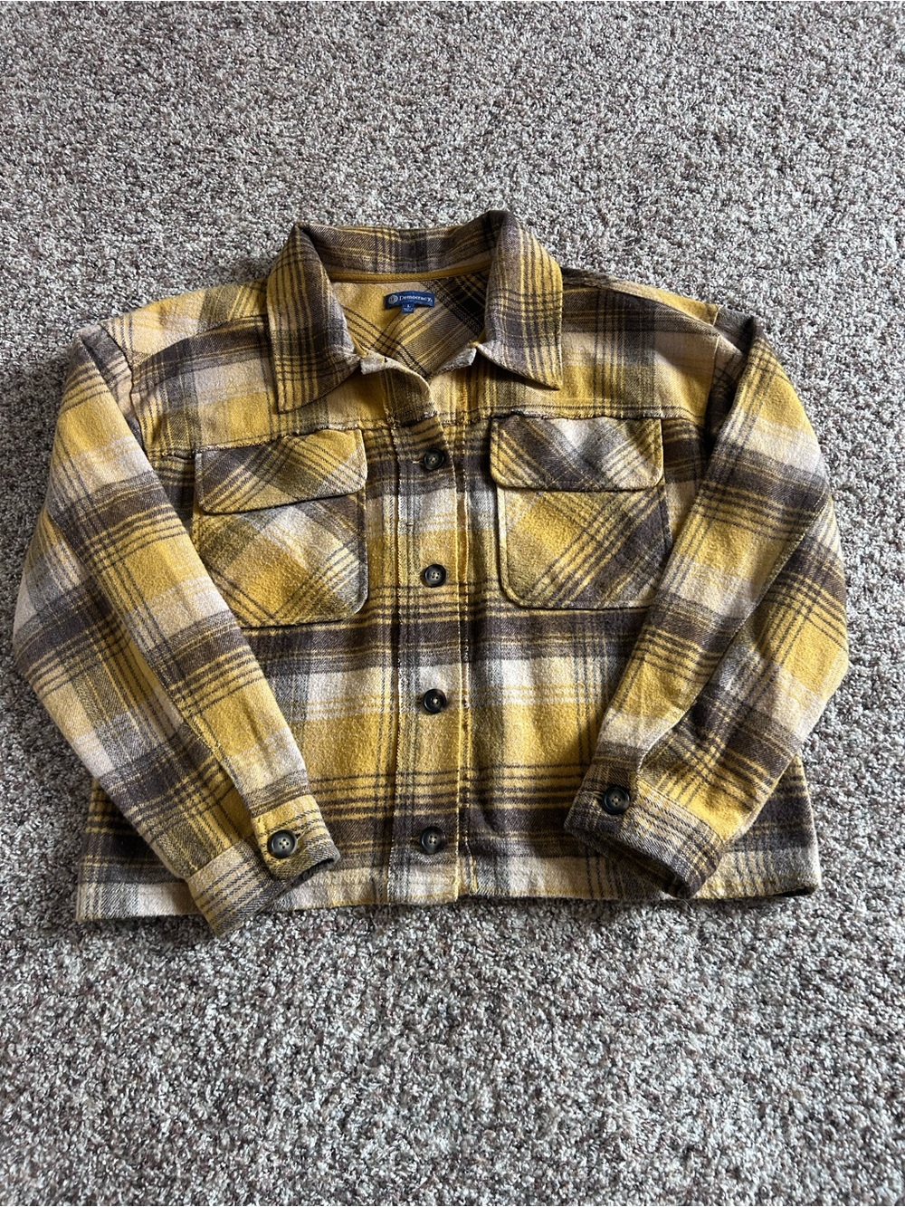 Democracy Women’s Mustard Yellow & Brown Plaid Button-Front Shirt Size Large - Picture 8 of 10